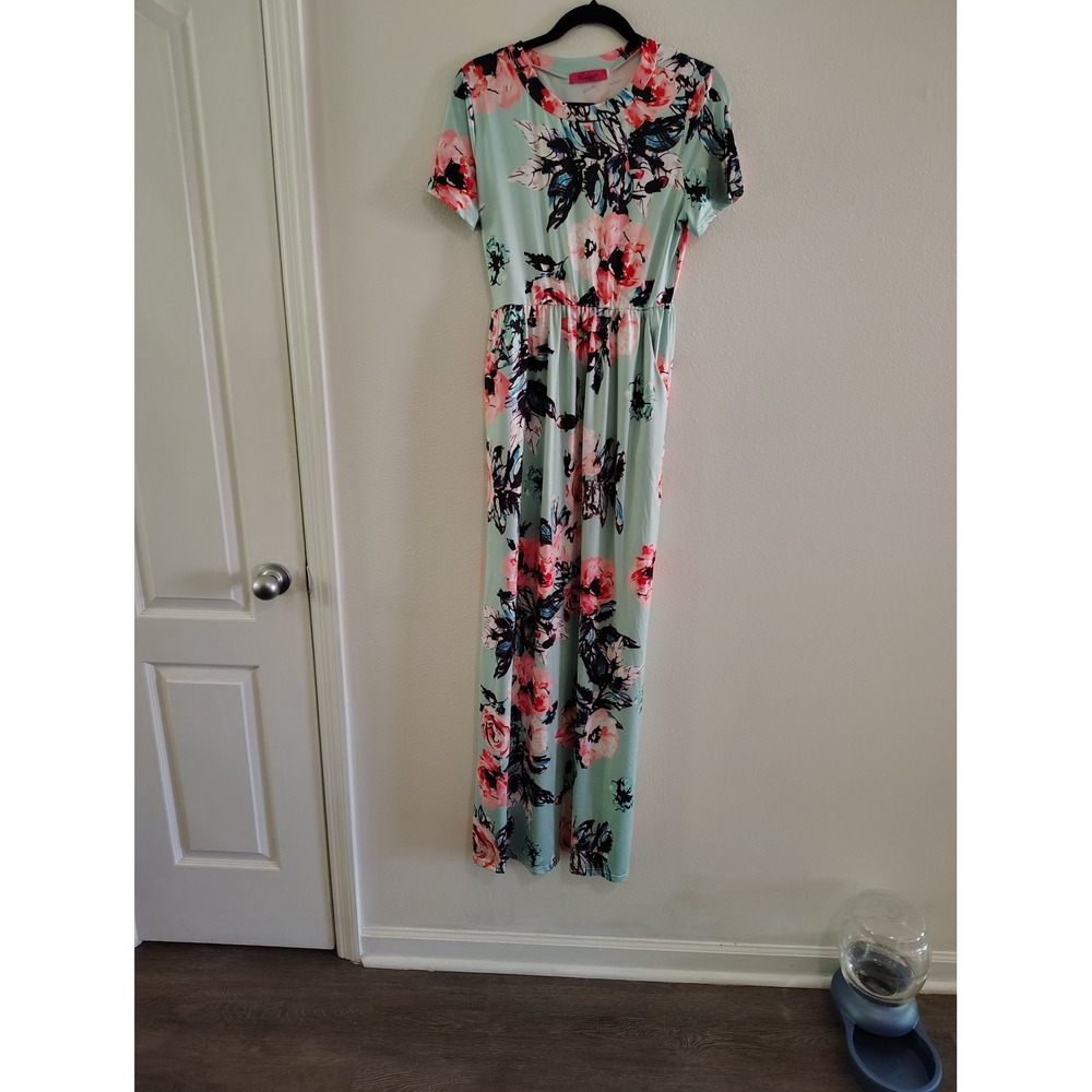 Ruiyige Womens Floral Maxi Dress Mint Green Pink Rose Print Elastic Waist Size M